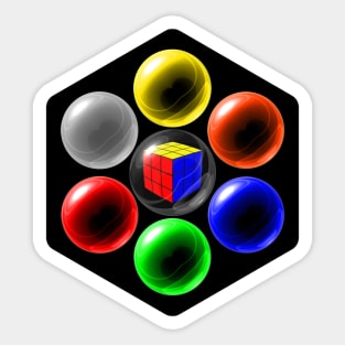 Rubik's Cube in a Glass Ball with Six Surrounding Colourful Glass Balls Sticker